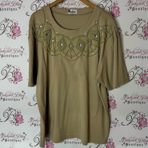 Kobe embroidered beaded diamond neckline top tshirt Tan Embellished Top - Picture 1 of 7